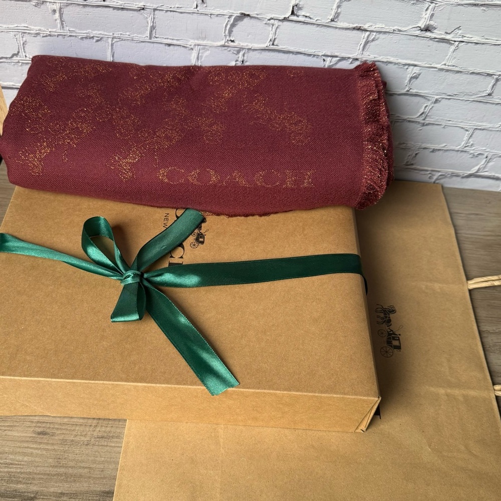 NWT Coach Horse Carriage Shawl Scarf Metallic Wine Red Gift Set C6364